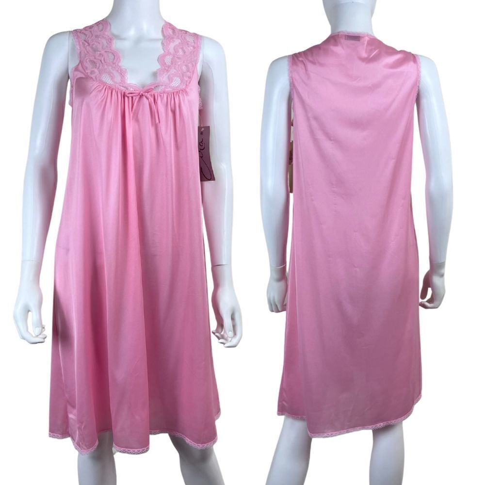 Vintage Union Cira Women Size S Pink Satin Lace Pullover Nightgown Semi Sheer